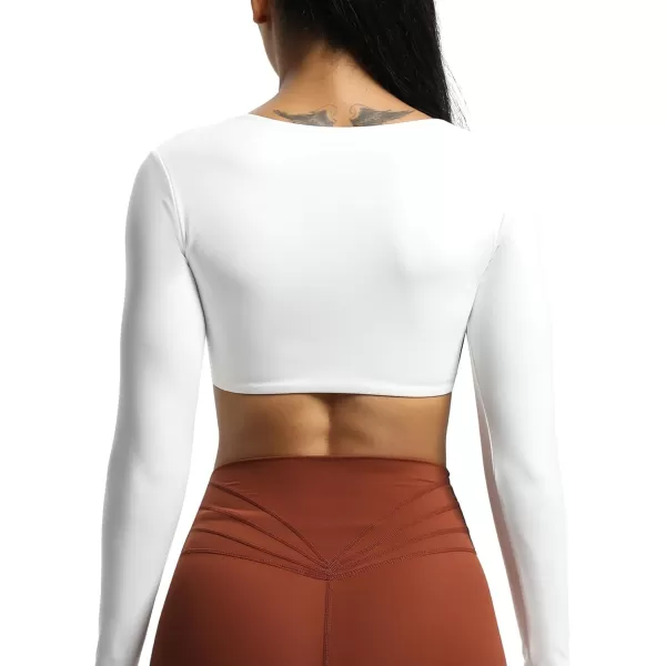 Aoxjox Long Sleeve Crop Tops for Women Betty Ruched V Neck Workout Crop T Shirt TopWhite