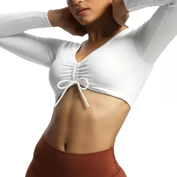 Aoxjox Long Sleeve Crop Tops for Women Betty Ruched V Neck Workout Crop T Shirt TopWhite