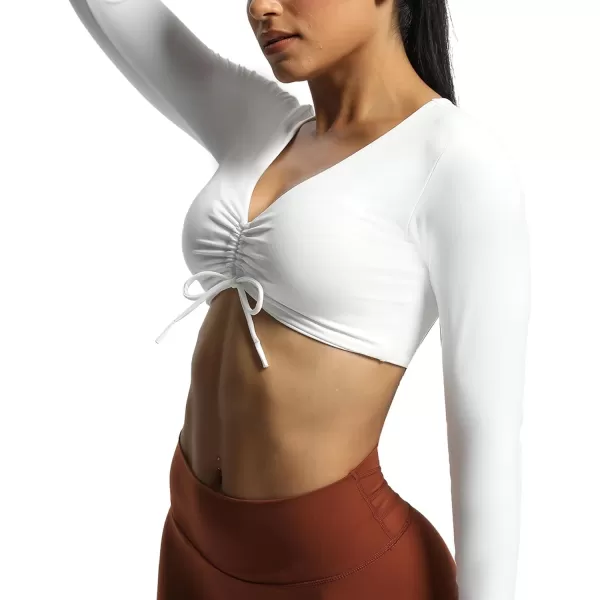 Aoxjox Long Sleeve Crop Tops for Women Betty Ruched V Neck Workout Crop T Shirt TopWhite