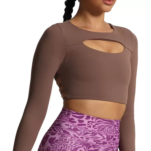 Aoxjox Long Sleeve Crop Tops for Women Front Cutout Lacey Workout Crisscross Crop T Shirt TopA Fudge Coffee
