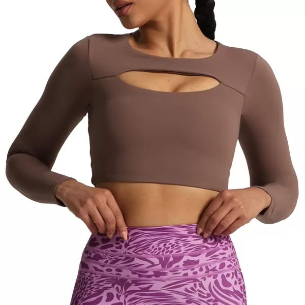 Aoxjox Long Sleeve Crop Tops for Women Front Cutout Lacey Workout Crisscross Crop T Shirt TopA Fudge Coffee