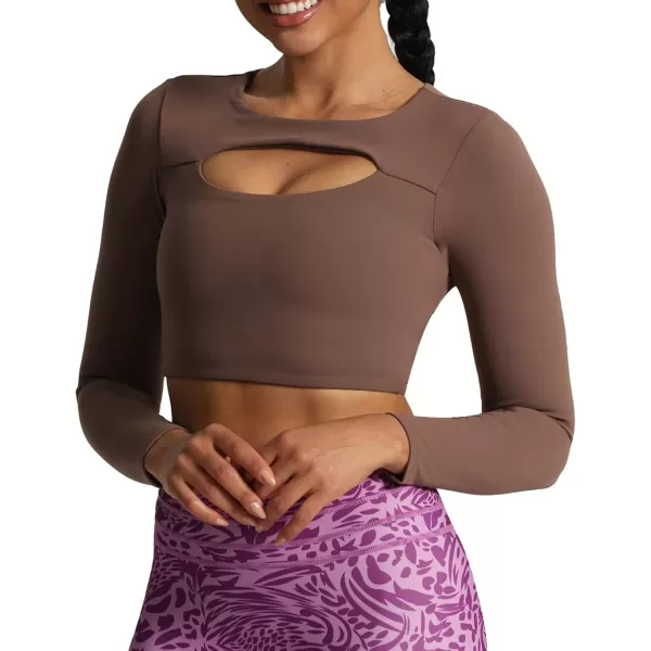 Aoxjox Long Sleeve Crop Tops for Women Front Cutout Lacey Workout Crisscross Crop T Shirt TopA Fudge Coffee