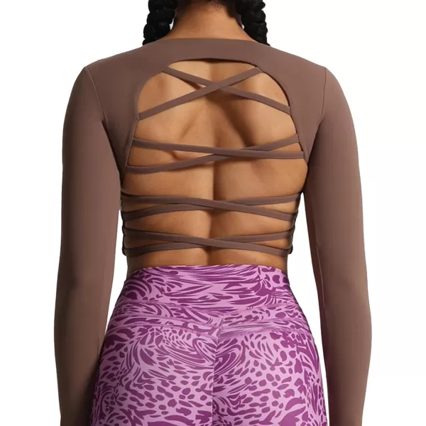 Aoxjox Long Sleeve Crop Tops for Women Front Cutout Lacey Workout Crisscross Crop T Shirt TopA Fudge Coffee
