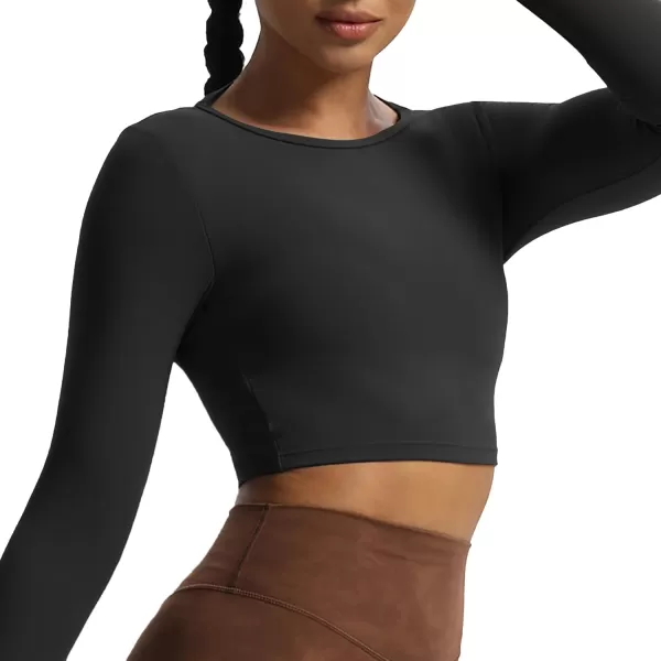 Aoxjox Long Sleeve Crop Tops for Women Square Hollow Back Workout Crop T Shirt TopBlack