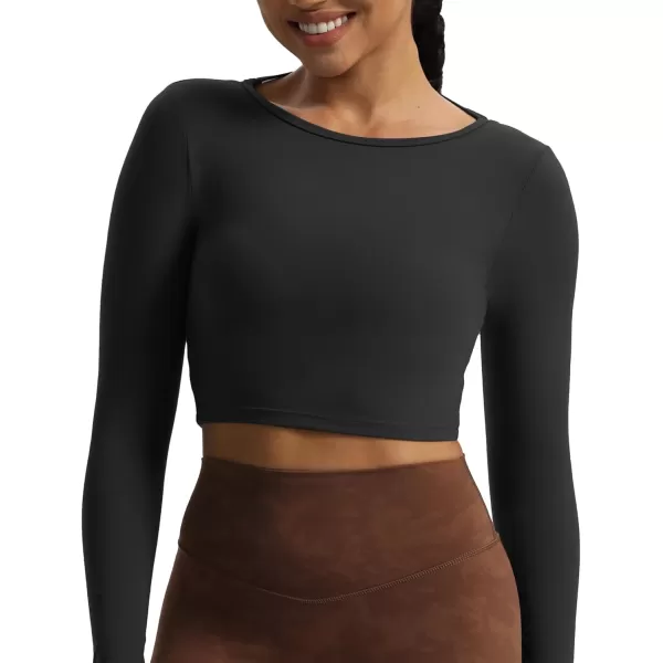 Aoxjox Long Sleeve Crop Tops for Women Square Hollow Back Workout Crop T Shirt TopBlack