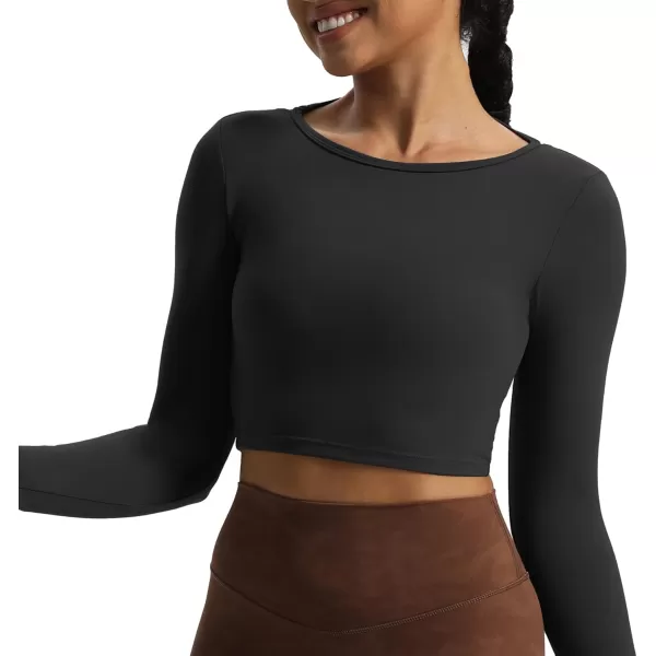 Aoxjox Long Sleeve Crop Tops for Women Square Hollow Back Workout Crop T Shirt TopBlack