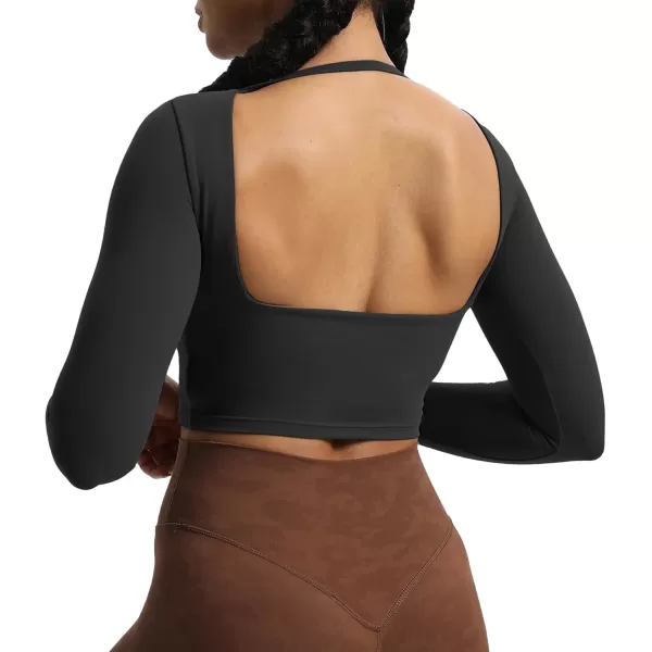 Aoxjox Long Sleeve Crop Tops for Women Square Hollow Back Workout Crop T Shirt TopBlack