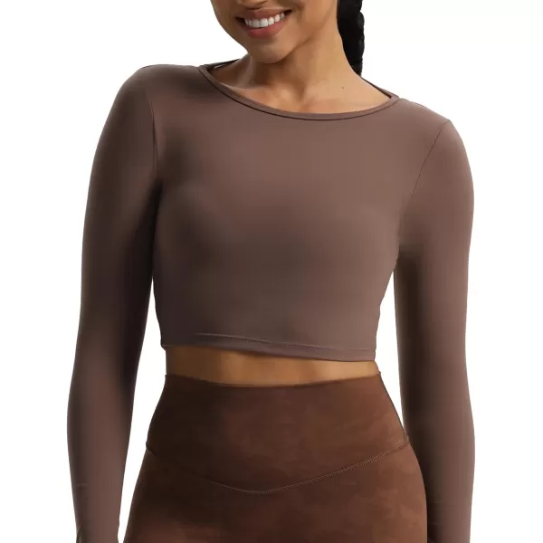 Aoxjox Long Sleeve Crop Tops for Women Square Hollow Back Workout Crop T Shirt TopFudge Coffee