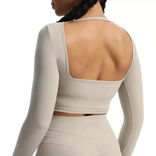 Aoxjox Long Sleeve Crop Tops for Women Square Hollow Back Workout Crop T Shirt TopMink