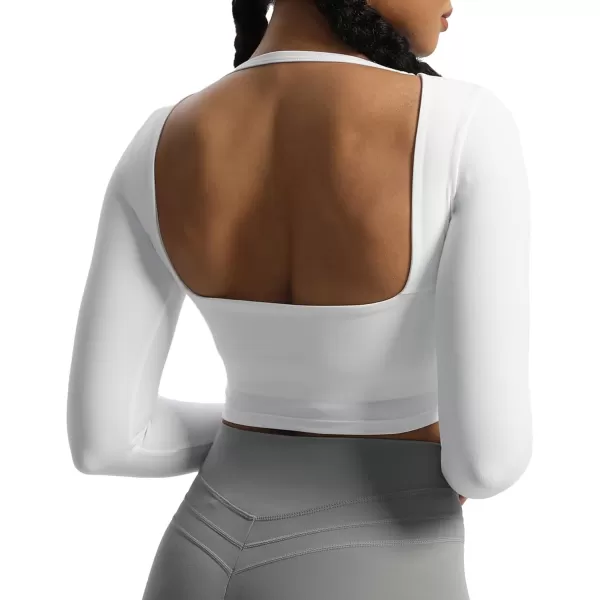 Aoxjox Long Sleeve Crop Tops for Women Square Hollow Back Workout Crop T Shirt TopWhite