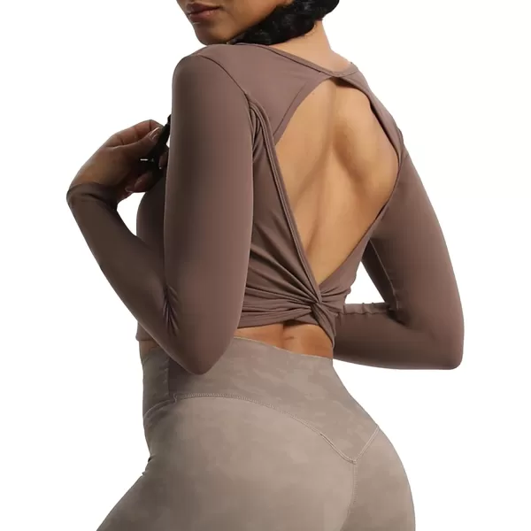 imageAoxjox Long Sleeve Crop Tops for Women Victoria Open VBack Workout Crop T Shirt TopFudge Coffee