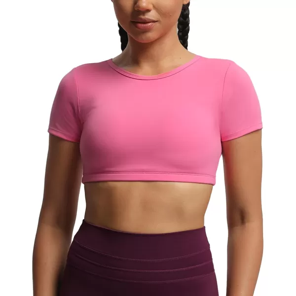 Aoxjox Short Sleeve Crop Tops for Women Clarissa Hollow Back Workout Crop T Shirt TopAzalea Pink