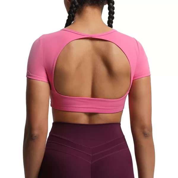 Aoxjox Short Sleeve Crop Tops for Women Clarissa Hollow Back Workout Crop T Shirt TopAzalea Pink
