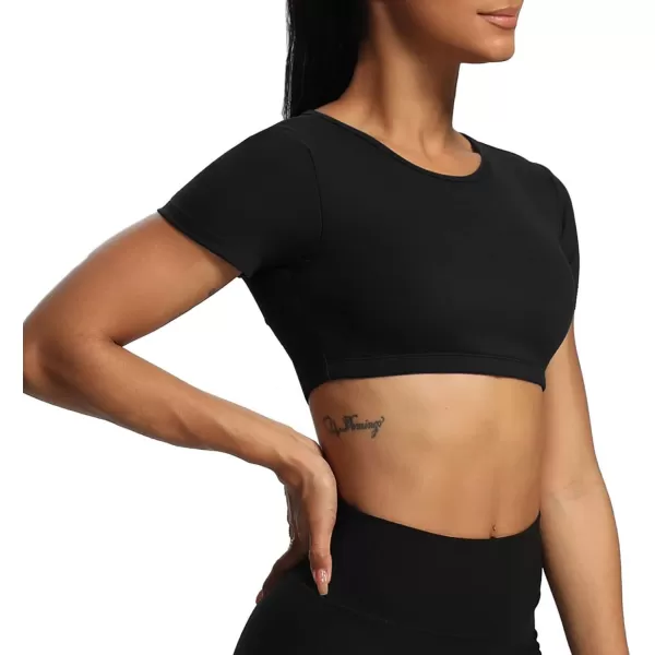Aoxjox Short Sleeve Crop Tops for Women Clarissa Hollow Back Workout Crop T Shirt TopBlack