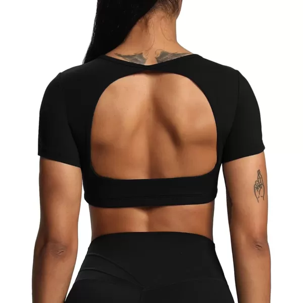 Aoxjox Short Sleeve Crop Tops for Women Clarissa Hollow Back Workout Crop T Shirt TopBlack