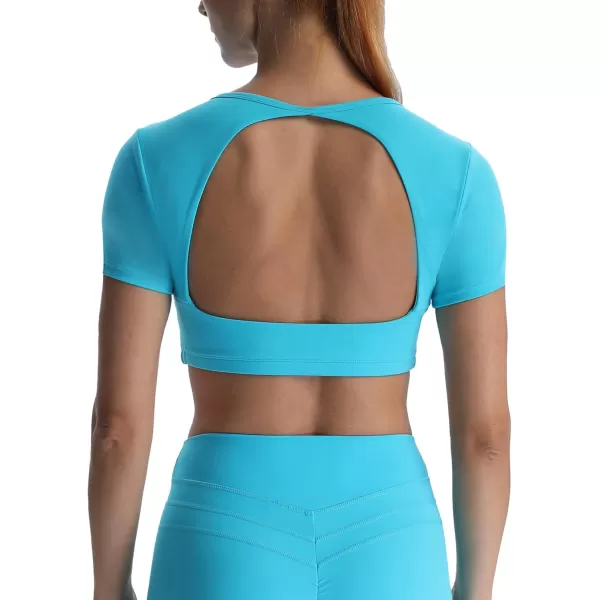 Aoxjox Short Sleeve Crop Tops for Women Clarissa Hollow Back Workout Crop T Shirt TopCascade Blue