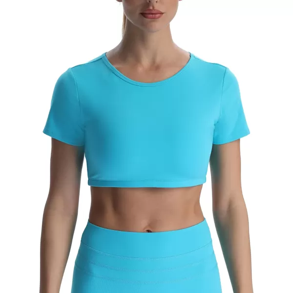 Aoxjox Short Sleeve Crop Tops for Women Clarissa Hollow Back Workout Crop T Shirt TopCascade Blue