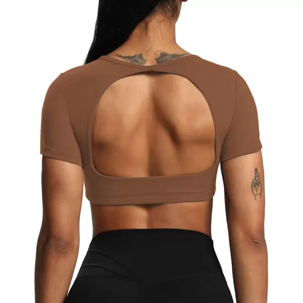 Aoxjox Short Sleeve Crop Tops for Women Clarissa Hollow Back Workout Crop T Shirt TopDandelion Brown