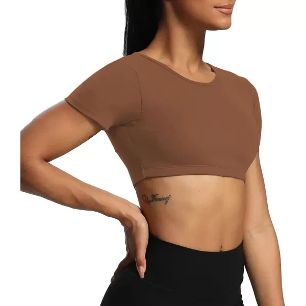 Aoxjox Short Sleeve Crop Tops for Women Clarissa Hollow Back Workout Crop T Shirt TopDandelion Brown
