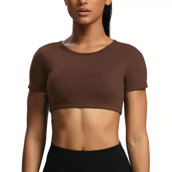 Aoxjox Short Sleeve Crop Tops for Women Clarissa Hollow Back Workout Crop T Shirt TopDark Brown