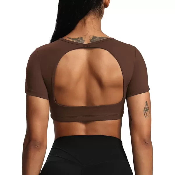Aoxjox Short Sleeve Crop Tops for Women Clarissa Hollow Back Workout Crop T Shirt TopDark Brown