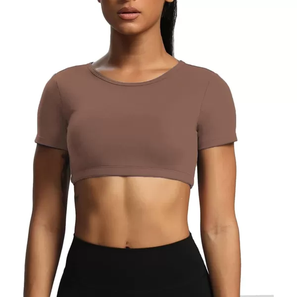 Aoxjox Short Sleeve Crop Tops for Women Clarissa Hollow Back Workout Crop T Shirt TopFudge Coffee