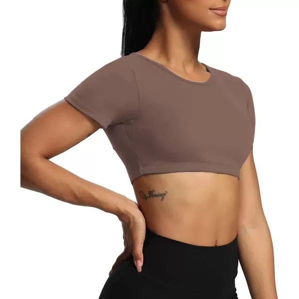 Aoxjox Short Sleeve Crop Tops for Women Clarissa Hollow Back Workout Crop T Shirt TopFudge Coffee