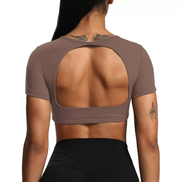 Aoxjox Short Sleeve Crop Tops for Women Clarissa Hollow Back Workout Crop T Shirt TopFudge Coffee