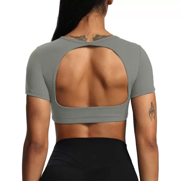 Aoxjox Short Sleeve Crop Tops for Women Clarissa Hollow Back Workout Crop T Shirt TopGrey