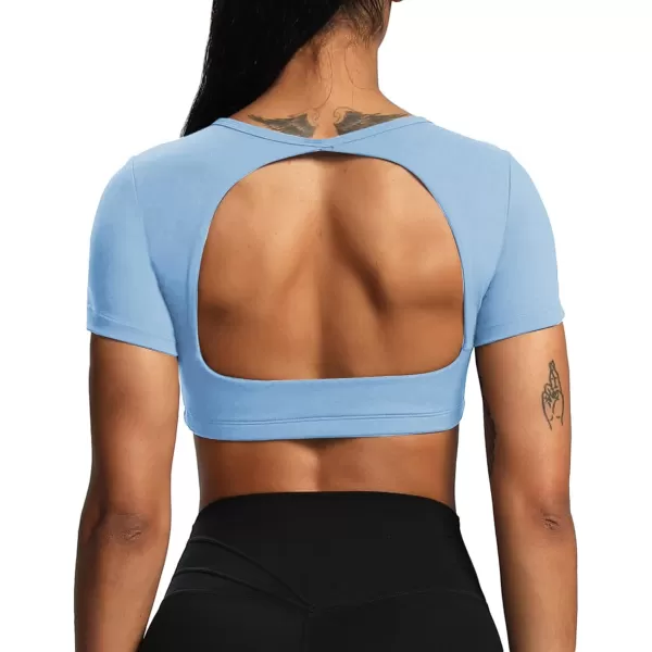 Aoxjox Short Sleeve Crop Tops for Women Clarissa Hollow Back Workout Crop T Shirt TopLight Blue