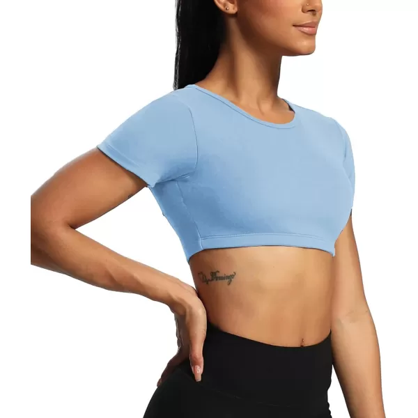 Aoxjox Short Sleeve Crop Tops for Women Clarissa Hollow Back Workout Crop T Shirt TopLight Blue