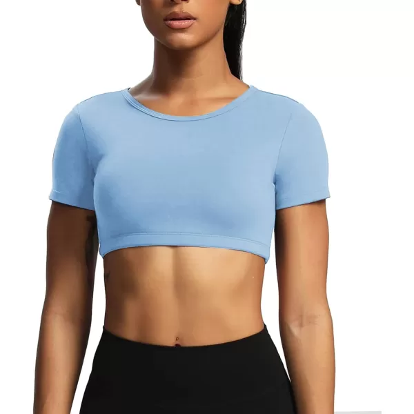 Aoxjox Short Sleeve Crop Tops for Women Clarissa Hollow Back Workout Crop T Shirt TopLight Blue