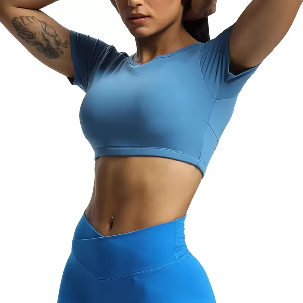 Aoxjox Short Sleeve Crop Tops for Women Clarissa Hollow Back Workout Crop T Shirt TopMykonos Blue