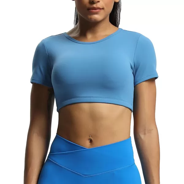 Aoxjox Short Sleeve Crop Tops for Women Clarissa Hollow Back Workout Crop T Shirt TopMykonos Blue