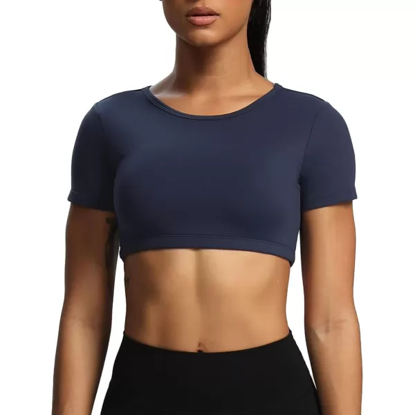 Aoxjox Short Sleeve Crop Tops for Women Clarissa Hollow Back Workout Crop T Shirt TopNavy
