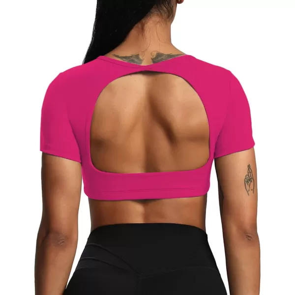 Aoxjox Short Sleeve Crop Tops for Women Clarissa Hollow Back Workout Crop T Shirt TopRose Red