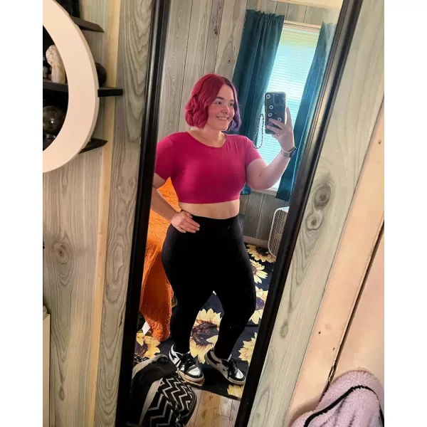 Aoxjox Short Sleeve Crop Tops for Women Clarissa Hollow Back Workout Crop T Shirt TopRose Red