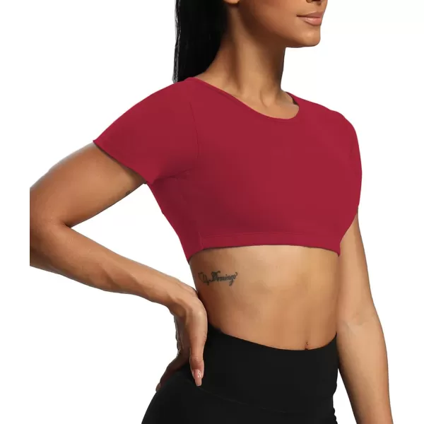 Aoxjox Short Sleeve Crop Tops for Women Clarissa Hollow Back Workout Crop T Shirt TopRumba Red