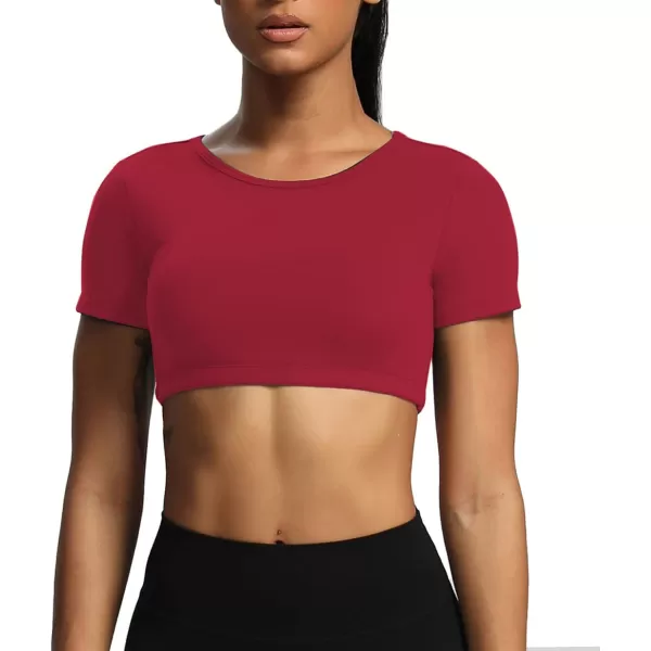 Aoxjox Short Sleeve Crop Tops for Women Clarissa Hollow Back Workout Crop T Shirt TopRumba Red