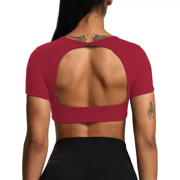 Aoxjox Short Sleeve Crop Tops for Women Clarissa Hollow Back Workout Crop T Shirt TopRumba Red