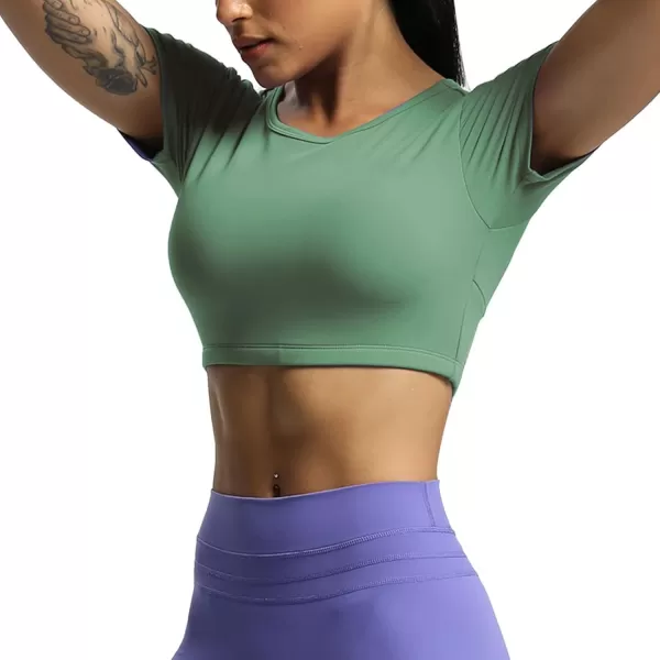 Aoxjox Short Sleeve Crop Tops for Women Clarissa Hollow Back Workout Crop T Shirt TopSage Green