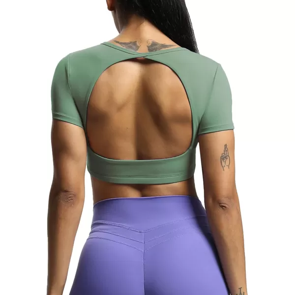 Aoxjox Short Sleeve Crop Tops for Women Clarissa Hollow Back Workout Crop T Shirt TopSage Green