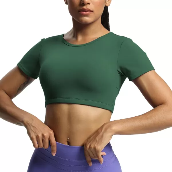 Aoxjox Short Sleeve Crop Tops for Women Clarissa Hollow Back Workout Crop T Shirt TopStorm Green