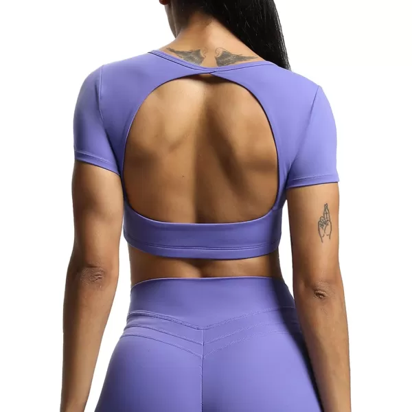 Aoxjox Short Sleeve Crop Tops for Women Clarissa Hollow Back Workout Crop T Shirt TopViolet