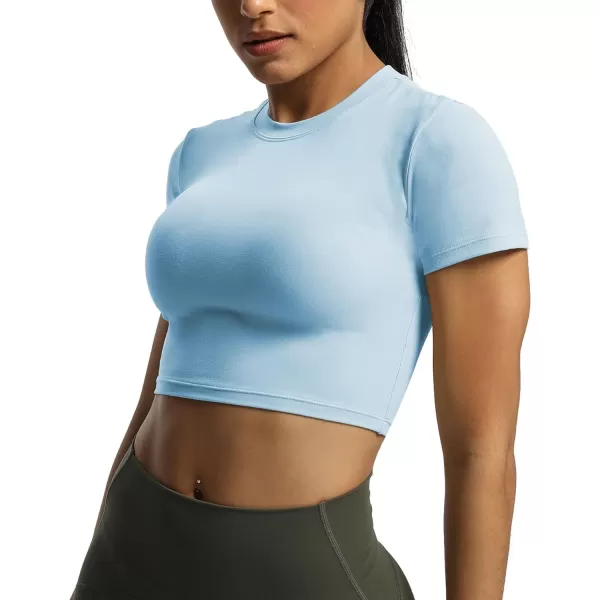 Aoxjox Short Sleeve Crop Tops for Women Classic Longline Workout Crop T Shirt TopAiry Blue