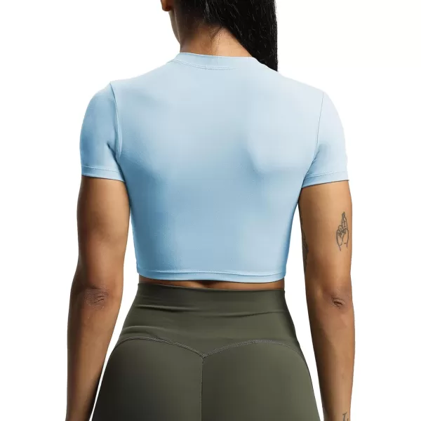 Aoxjox Short Sleeve Crop Tops for Women Classic Longline Workout Crop T Shirt TopAiry Blue