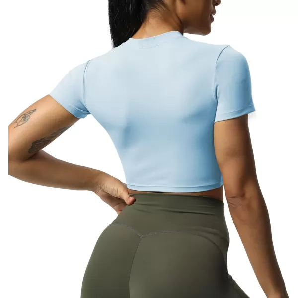 Aoxjox Short Sleeve Crop Tops for Women Classic Longline Workout Crop T Shirt TopAiry Blue