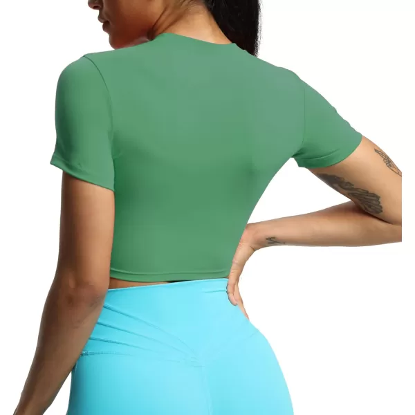 Aoxjox Short Sleeve Crop Tops for Women Classic Longline Workout Crop T Shirt TopBottle Green