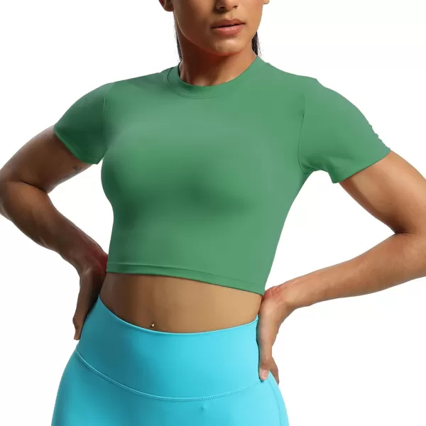 Aoxjox Short Sleeve Crop Tops for Women Classic Longline Workout Crop T Shirt TopBottle Green