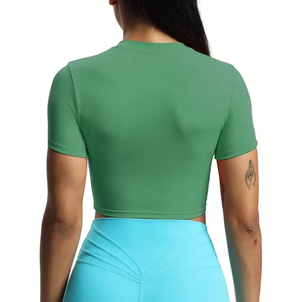 Aoxjox Short Sleeve Crop Tops for Women Classic Longline Workout Crop T Shirt TopBottle Green